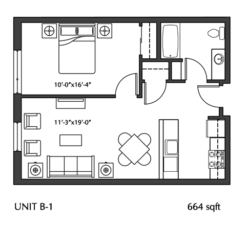 Floor plan for 1 bed, 1 bath, 697 sqft
